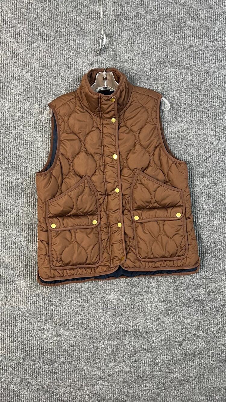 J Crew Puffer Vest Womens Large Brown Quilted Pockets Classic Preppy Mock Neck